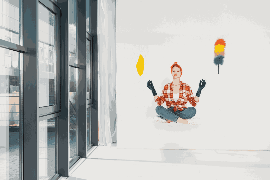 A woman on the floor, using a broom and a paintbrush, engaged in a creative cleaning or art project.
custom wall graphics