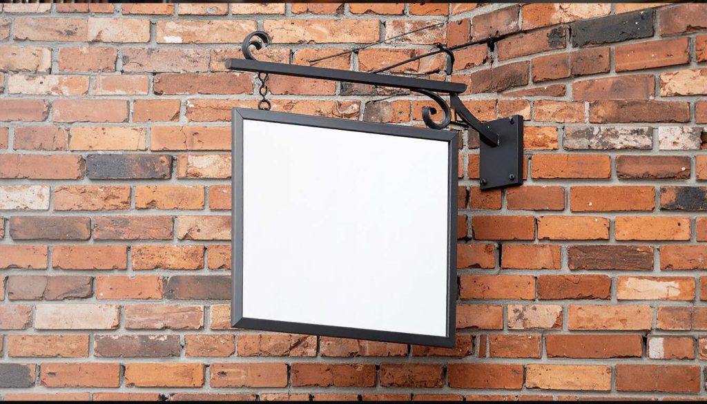(A blank sign hangs against a textured brick wall, inviting creativity or messages to be added.)aluminium tray sign