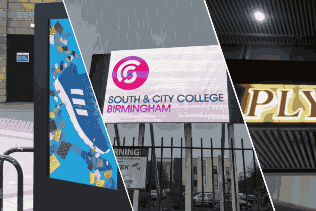 A collage of various signage types, including directional, informational, and warning signs in different styles and colors.