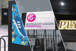 A collage of various signage types, including directional, informational, and warning signs in different styles and colors.