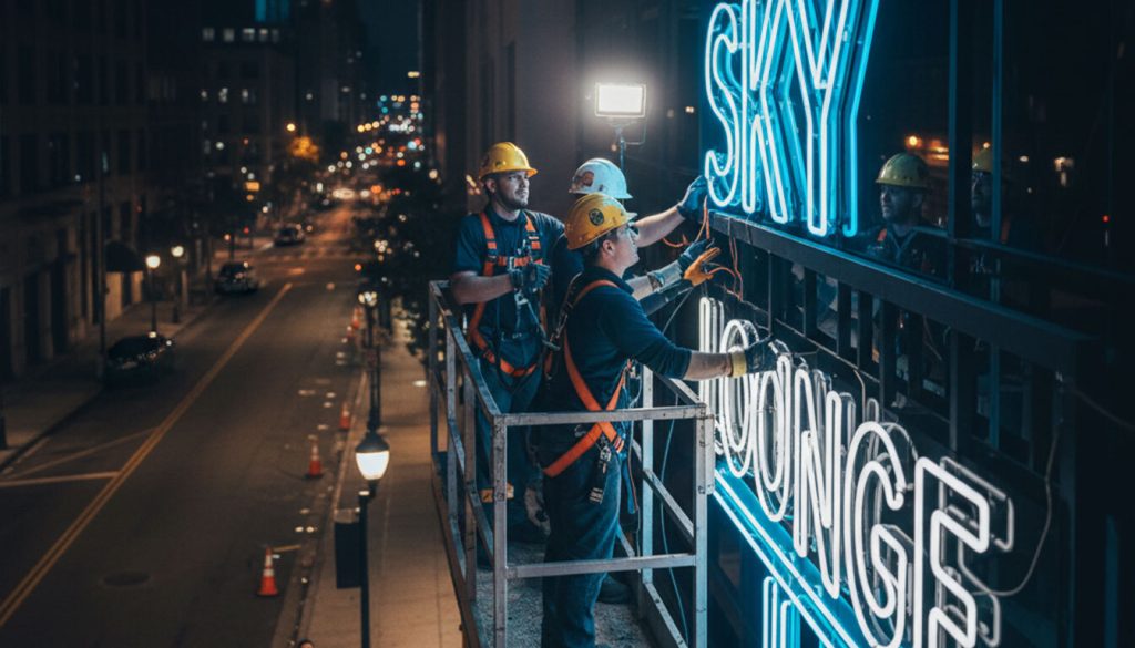 (At night, three construction workers in safety helmets and harnesses are on a scissor lift, meticulously installing glowing blue neon signs that spell "SKY LOUNGE" on the exterior of a building. Below, on the cordoned-off street, two other workers monitor the installation, while city lights and traffic add to the nocturnal urban backdrop.)
