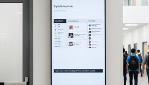 A sleek "Digital School Hub" signage display is mounted on a white wall in a modern school hallway, showcasing a daily schedule, announcements, and a social wall for "Innovation Academy." Students are blurred in the background, walking past the screen, which effectively demonstrates contemporary "Digital School Signage" in action.