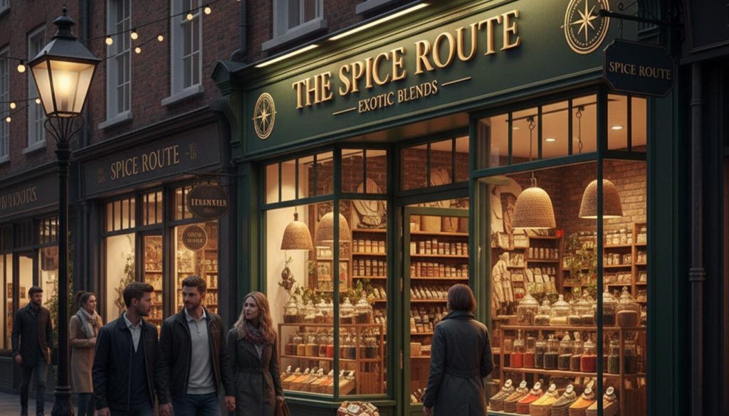 A modern and clean storefront for "THE URBAN BOTANIST" stands out in a bustling market street at night. The shop features bright, minimalistic signage and large glass windows revealing an inviting interior filled with an assortment of lush plants and artisanal wares, drawing the gaze of pedestrians walking by