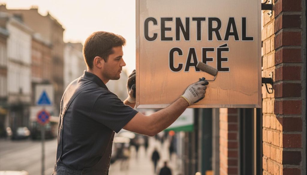 (A focused worker in grey overalls and gloves stands on a platform, meticulously applying a protective coating with a roller to a "CENTRAL CAFÉ" signage board mounted on a brick building. The scene, set at dusk on a bustling city street, highlights the effort to maximize the sign's durability against the elements.)signage durability