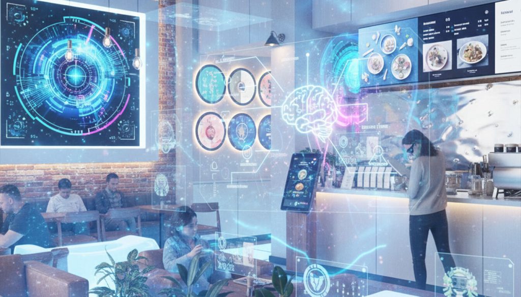 A high-tech cafe environment filled with glowing holographic interfaces and augmented reality elements. Customers interact with transparent screens on tables and a large interactive wall display, while a person at the counter wears AR glasses, all depicting a vision of advanced smart indoor branding.