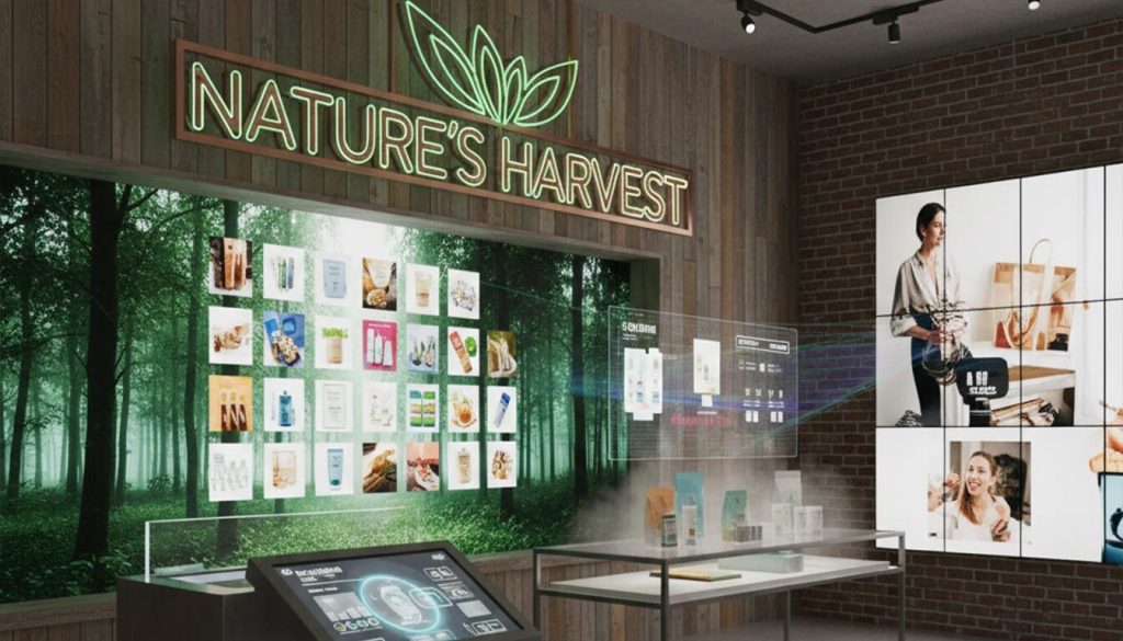 (A large transparent screen overlays product displays with digital information, while an interactive touchscreen kiosk engages customers, blending natural aesthetics with advanced marketing technology.)mixed material branding