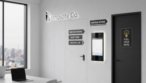 A bright, modern office space with a large window overlooking a city skyline features a prominent wall with various "Office Signage Ideas." These include a glowing "Innovate Co." logo, directional signs for "MEETING ROOMS," "QUIET ZONE," and "CREATIVE LAB," and a motivational sign "FUEL YOUR IDEAS" on a dark door. The foreground shows a clean desk with laptops, suggesting a productive workspace.