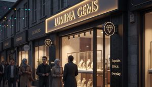 (A stylish jewelry shop named "LUMINA GEMS" stands out in a modern, modest market street at dusk. Its exterior features elegant, illuminated retail signage and a prominent diamond logo. The brightly lit display windows showcase exquisite jewelry, attracting a diverse group of casually dressed pedestrians strolling along the wet pavement under festive string lights.)