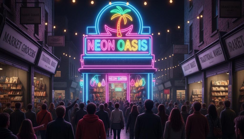 (A lively night market scene shows a large group of people walking down a crowded street towards "NEON OASIS," a shop with a dazzling, multi-colored neon sign featuring a palm tree. This vibrant signage dramatically stands out amidst other shops with ordinary, less illuminated signboards, drawing considerable attention and making it a clear focal point in the bustling market.)
night market signage