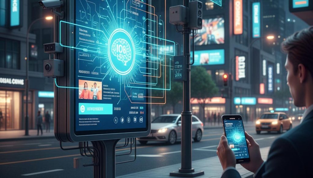 A man stands on a city street at night, looking at his smartphone which displays a smart signage interface. In front of him is a large digital billboard connected to various smart devices via glowing lines, showcasing Outdoor signage innovation.