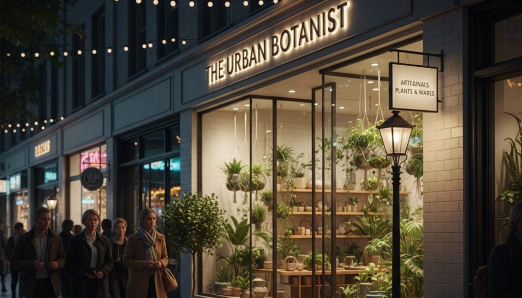 A modern and clean storefront for "THE URBAN BOTANIST" stands out in a bustling market street at night. The shop features bright, minimalistic signage and large glass windows revealing an inviting interior filled with an assortment of lush plants and artisanal wares, drawing the gaze of pedestrians walking by