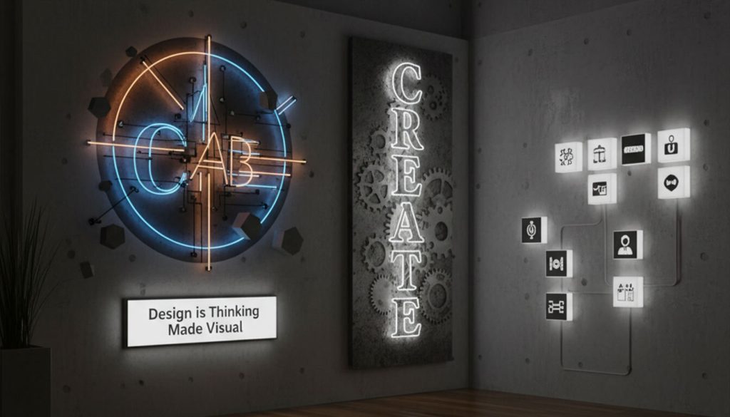 (A contemporary room with concrete walls and a wooden floor, featuring various artistic and typographic signages. On the left wall, a vibrant neon sign glows with "CAB" and abstract patterns, alongside a horizontal light box stating "Design Is Thinking Made Visual.")signage psychology