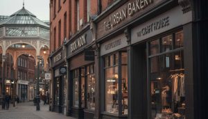A charming urban street, free of pedestrians, is shown during the day, featuring historic red-brick buildings housing "different shop names" and their "outdoor letter signs." Businesses like "THE URBAN BAKERY," "THE CRAFT HOUSE," "GALILEO'S STUDIOS," and "BOOK NOOK" display their names in elegant, raised lettering above their storefronts