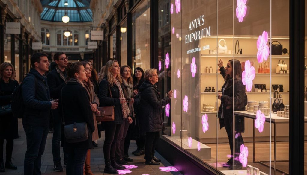 An urban street at dusk showcases a vibrant array of "different kinds of promotional signs for retail businesses." Neon signs glow from storefronts like "Velvet Threads" and a coffee shop, while digital billboards on a lamppost display dynamic advertisements.