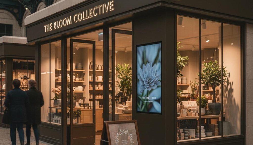 An elegant retail shop named "The Bloom Collective" is nestled within a sophisticated UK market, identifiable by its glass-paneled roof. The shopfront features attractive "promotional graphics" on a sleek digital display, showcasing a delicate white flower with "SPRING EDIT" text, and a charming A-frame chalkboard sign outside.