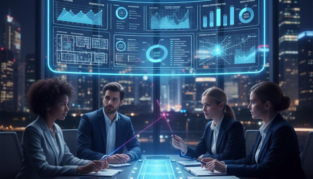 Four business professionals are seated around a conference table in an office with a panoramic city night view, intently observing a large, glowing holographic "Analytics & Performance Dashboard." The screen displays various metrics, graphs, and a "Brand Lift Index," illustrating the process of "Measuring the Success of Personalised Displays." One person points with a laser, highlighting key data points.