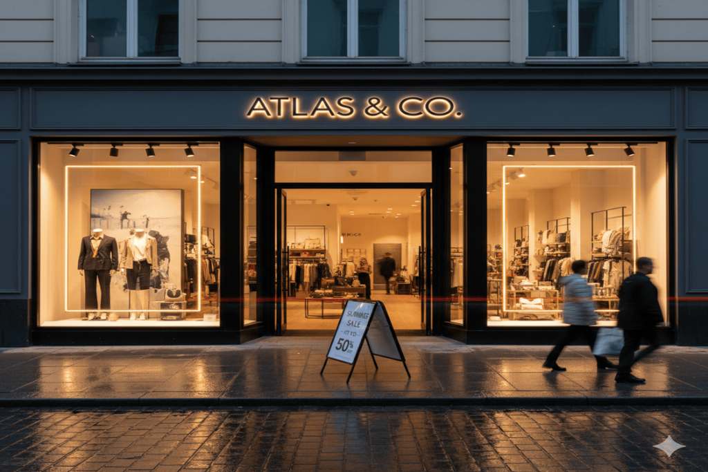 in evening lighting the outdoor signage of atlas and co.