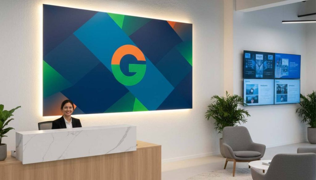Office wall branding at a reception desk with a large backlit graphic featuring a corporate logo and abstract geometric design.