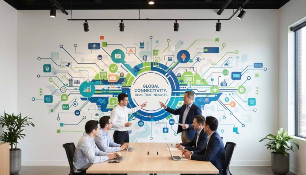 Meeting room with a large wall graphic showing a connectivity network and the text "Global Connectivity, Real-Time Insights."