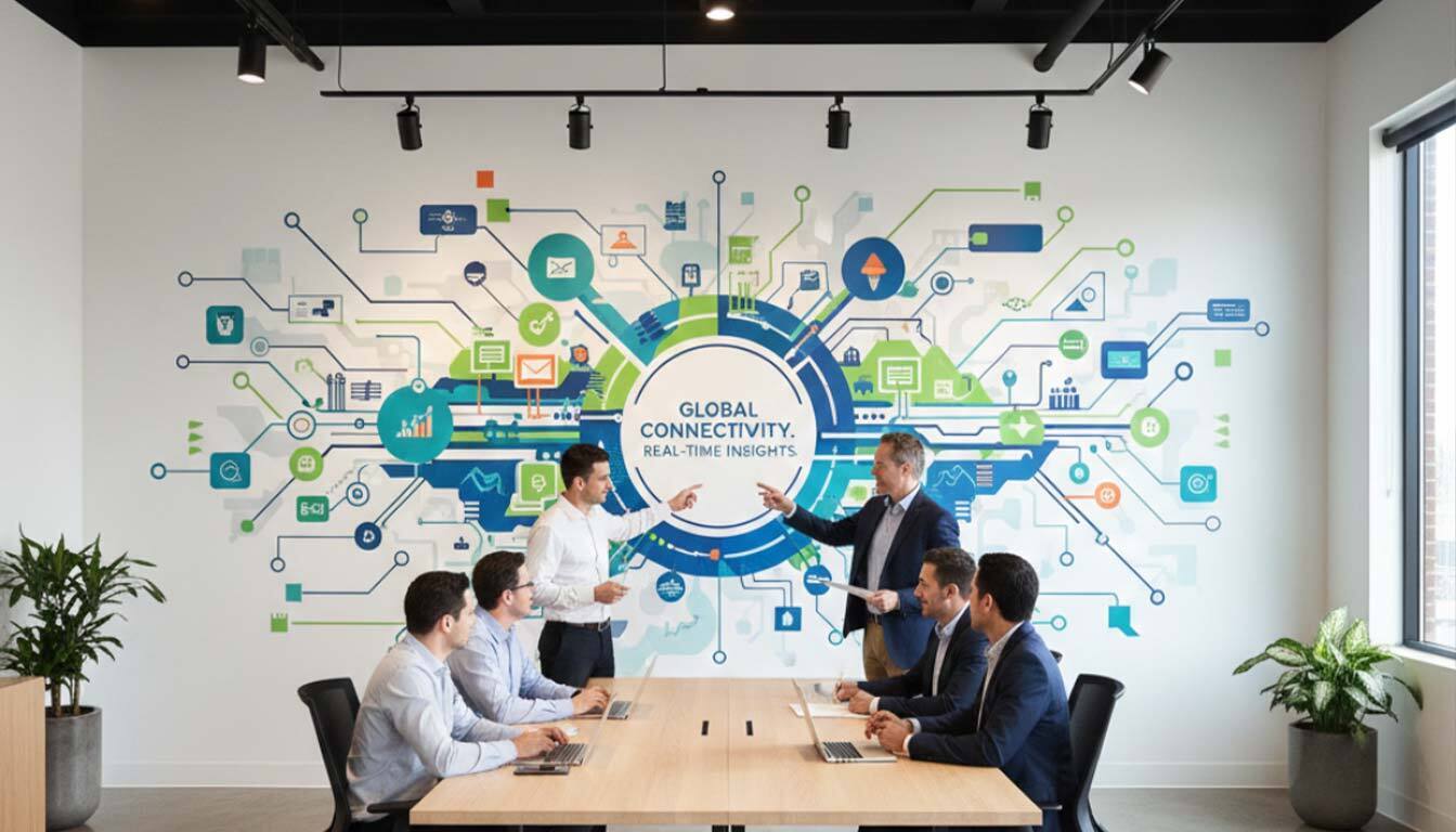 Meeting room with a large wall graphic showing a connectivity network and the text "Global Connectivity, Real-Time Insights."