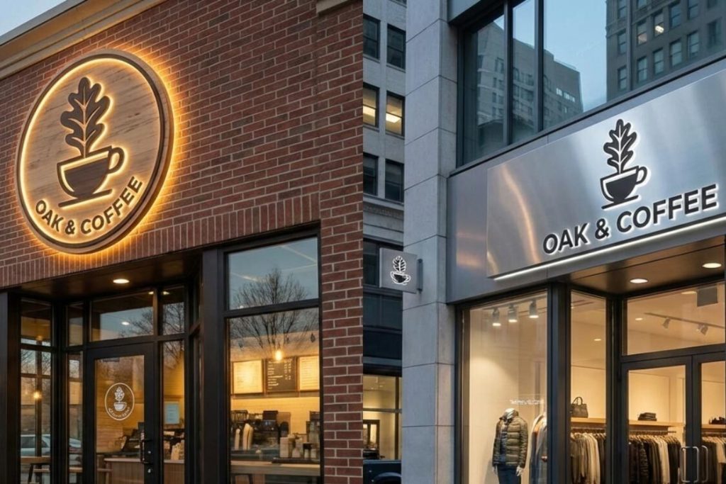 (Comparison of two different storefronts using multiple logos for one brand to maintain a unified identity across various franchise locations.)