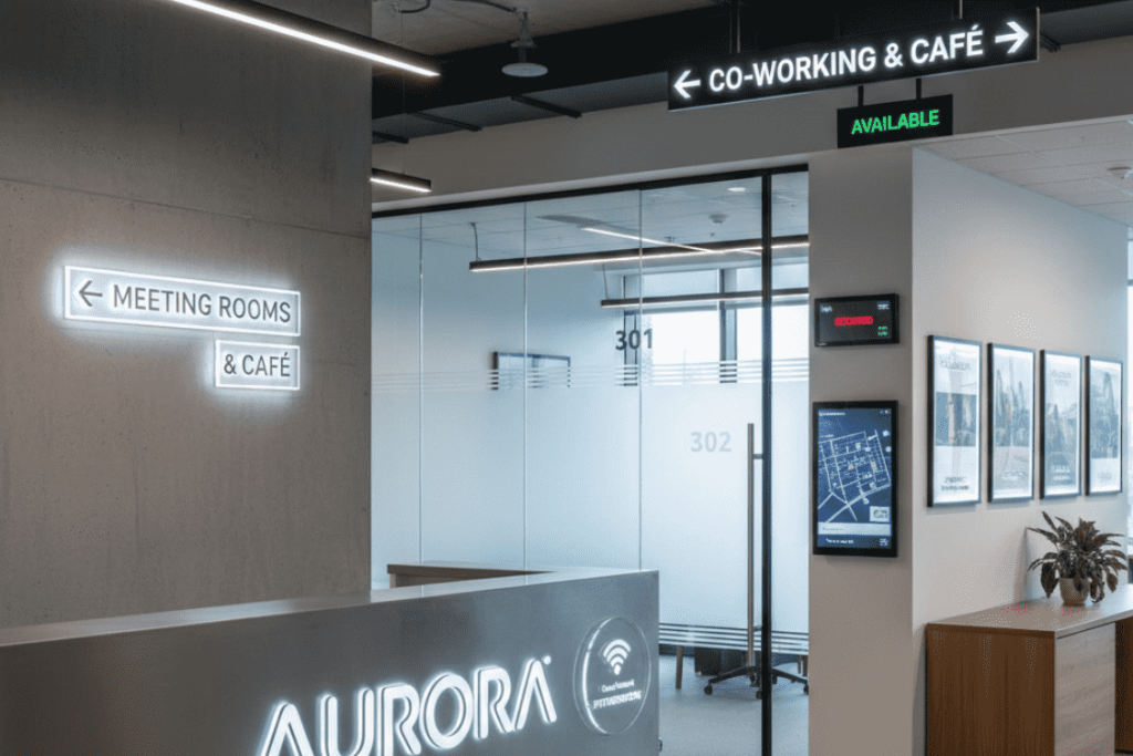 (Reception area with illuminated 'Meeting Rooms & Café' and 'Co-Working & Café' directional signage.)