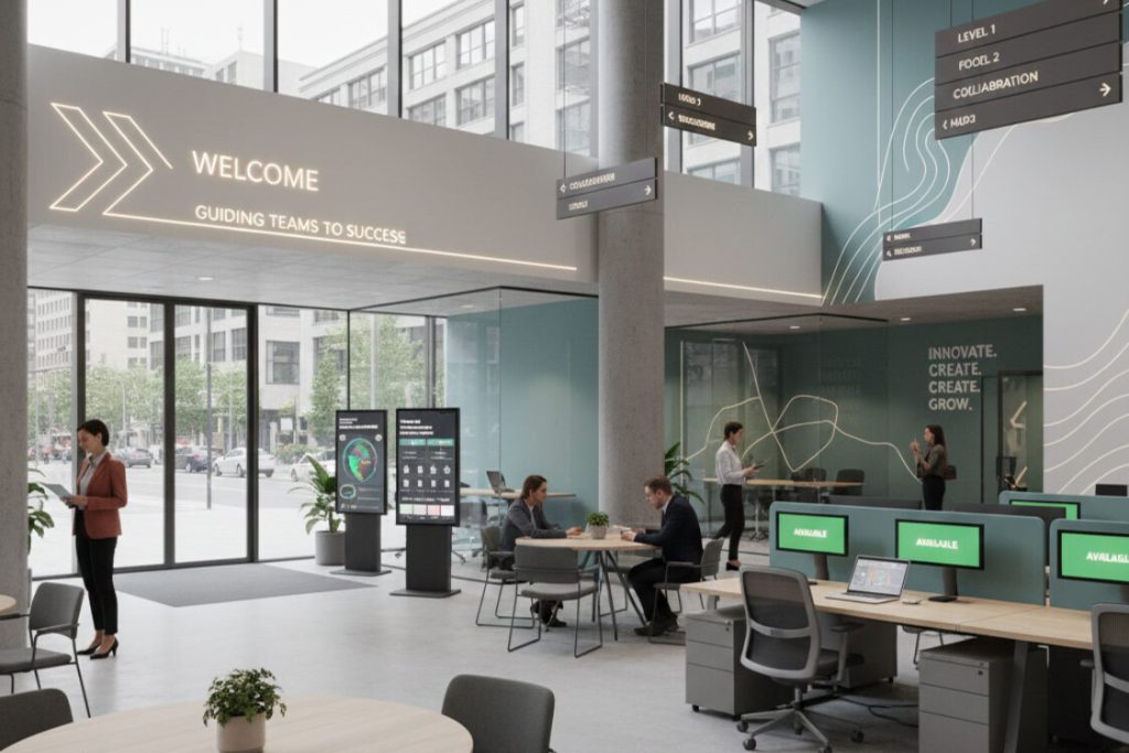 (Modern office entry featuring prominent 'WELCOME' digital signage and overhead wayfinding arrows guiding teams to different levels.) hybrid office signage