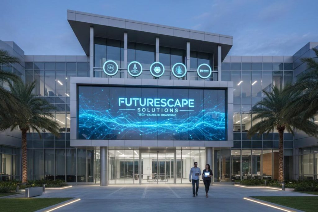 (A modern commercial building demonstrating tech-enabled branding for tech companies with a massive digital facade displaying the Futurescape Solutions logo.)tech‑enabled branding