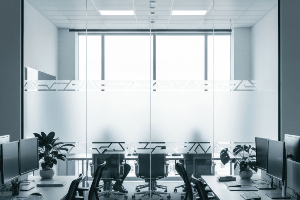 Window frosting privacy film applied to an office glass partition with a band pattern, enhancing confidentiality in a corporate setting.