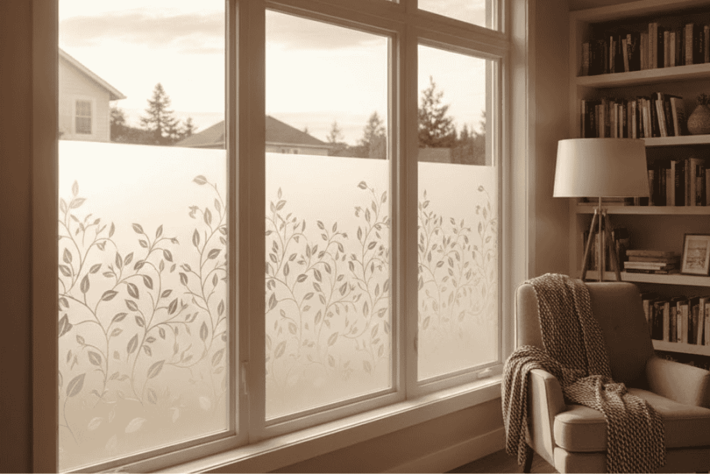 Decorative window film for privacy but lets light in, featuring a stylish leaf pattern in a cozy home living room.