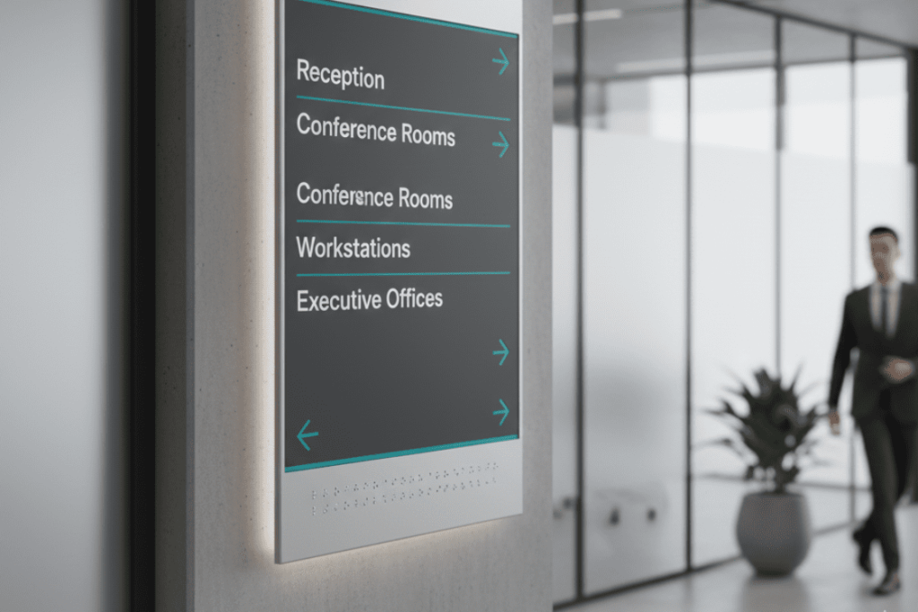 Professional illuminated directional signage in a corporate or modern building lobby.