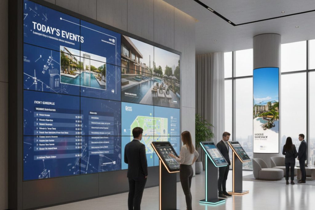 (Digital display integration in corporate lobby showing event schedule, wayfinding maps, and interactive kiosks for visitors)