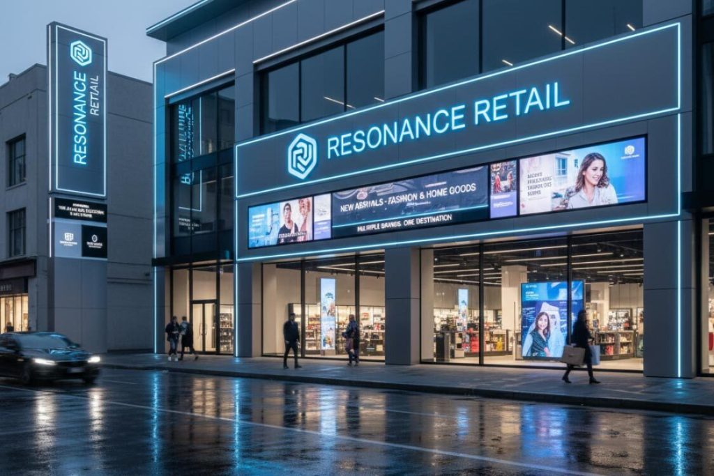 (Large illuminated exterior signage for a multi-location brand showing a consistent multi branding strategy on a retail storefront.)