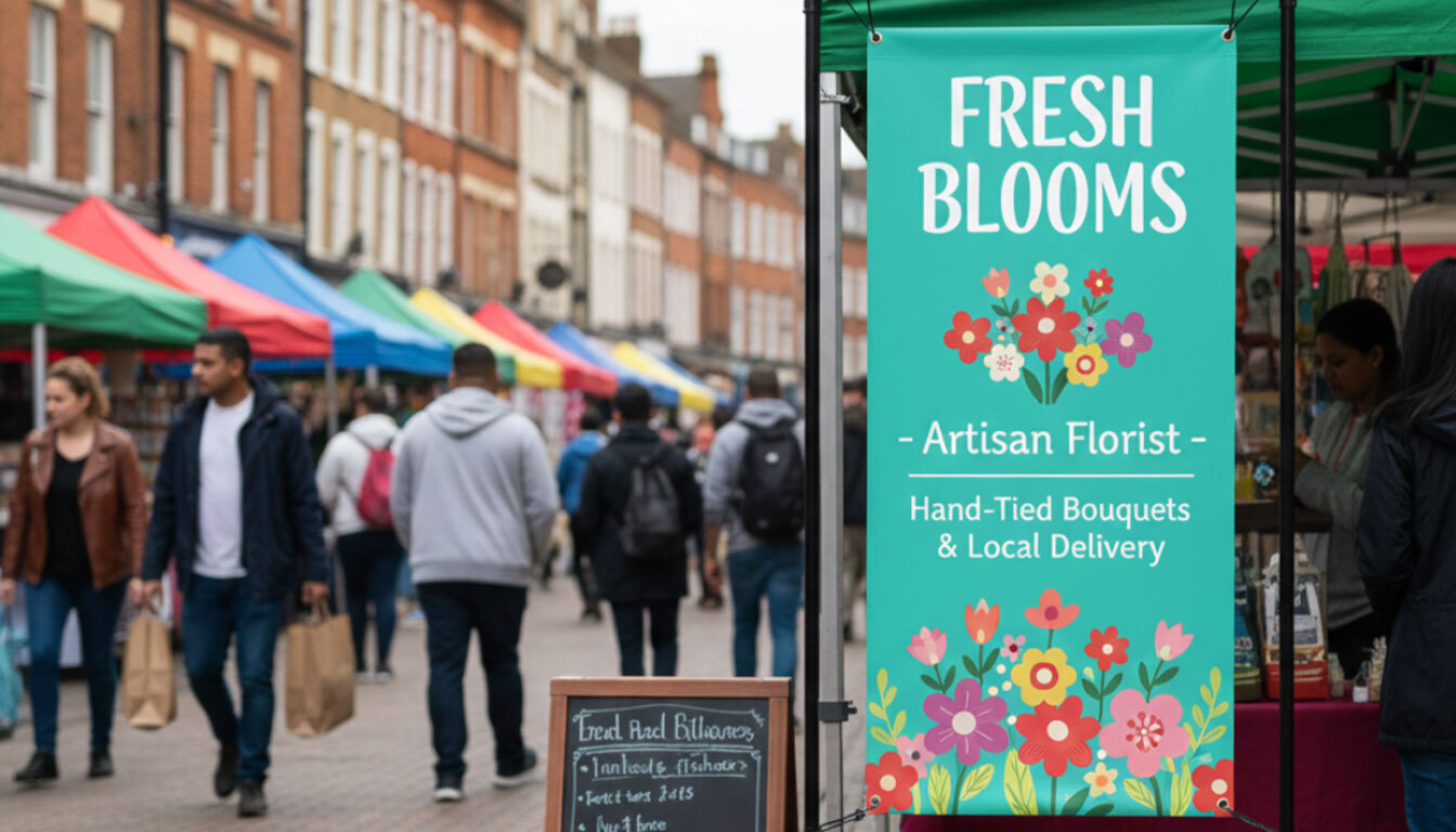 (Market stall with a vibrant 'Fresh Blooms' banner and crowded street.)