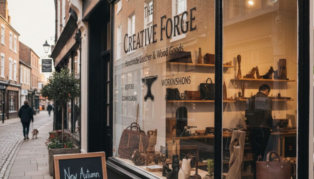 (Street view of 'The Creative Forge' shop window with clear, custom glass signage.)small business signs outdoor