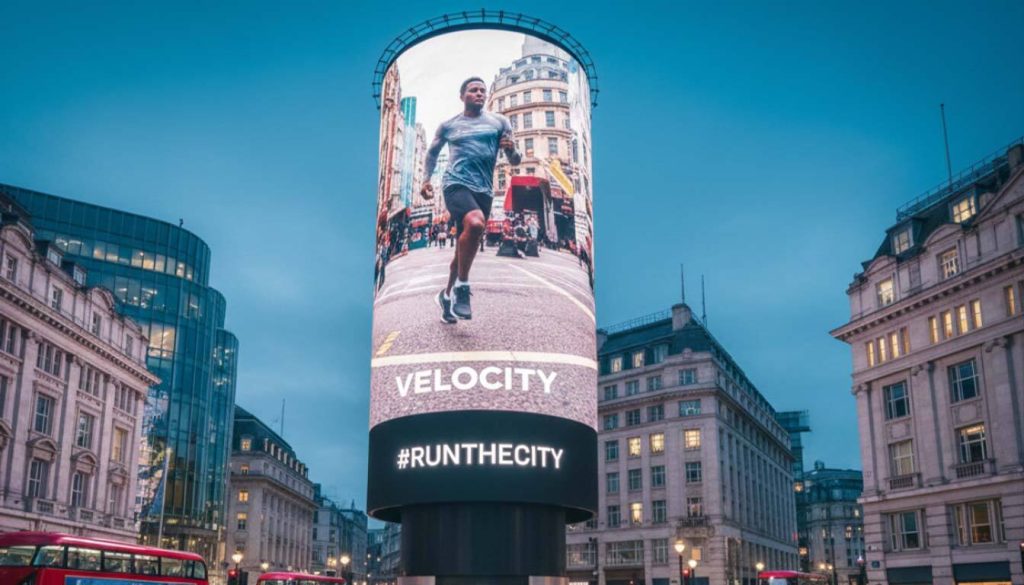 Towering digital billboard in a busy London square, displaying a running man, illustrating London billboard advertising.